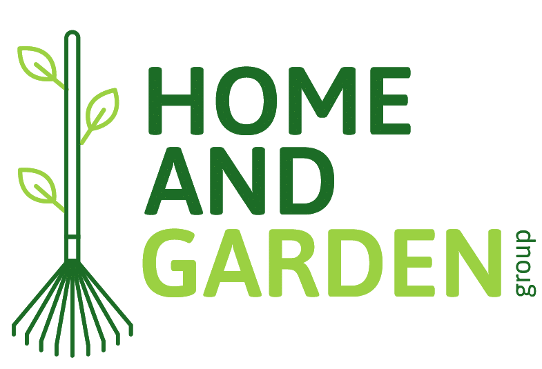 A graphic logo with a rake featuring green leaves on its handle next to the words HOME AND GARDEN GROUP in bold green letters, representing professional landscaping services in Sydney.