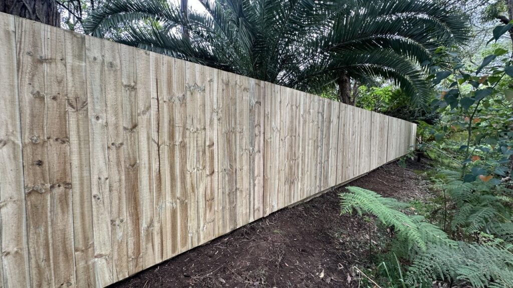 paling fence, freshly built by hardwood timber as a boundary fence in Lanecove, sydney suburb