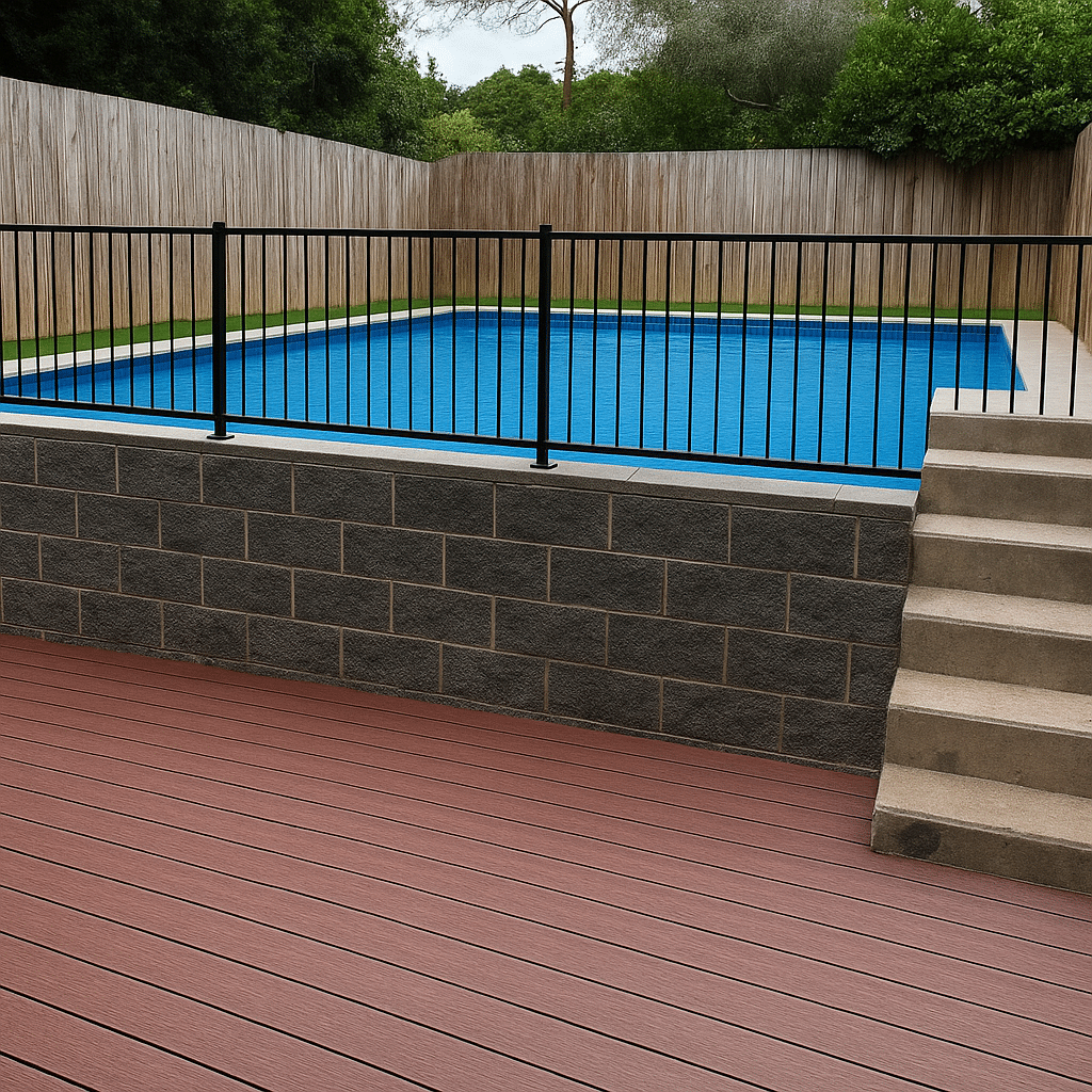 A backyard swimming pool enclosed by a metal fence, with concrete steps leading up from a red-brown wooden deck. The pool is surrounded by grass and trees, and a bamboo screen lines the back fence.