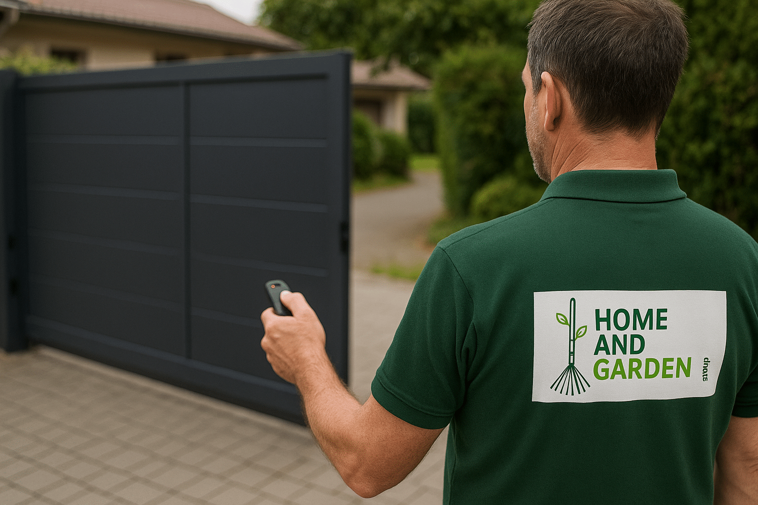 A man in a green Home and Garden shirt uses a remote control to open a large, modern automatic sliding gate in front of a house.