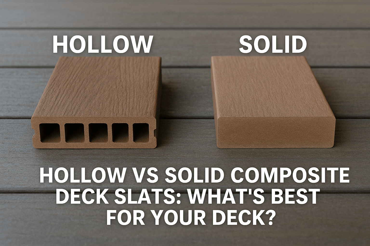 Two composite deck slats are shown side by side: one hollow with visible inner chambers, labeled Hollow, and one solid, labeled Solid. Text below reads, Hollow vs Solid Composite Deck Slats: Whats Best for Your Deck?.
