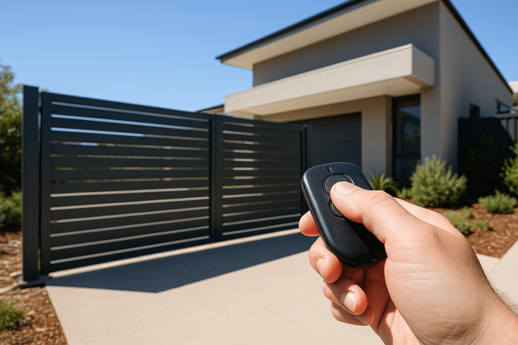 A person’s hand holds a remote control, opening a modern black sliding gate in front of a contemporary house with a driveway and landscaped yard, under a clear blue sky.