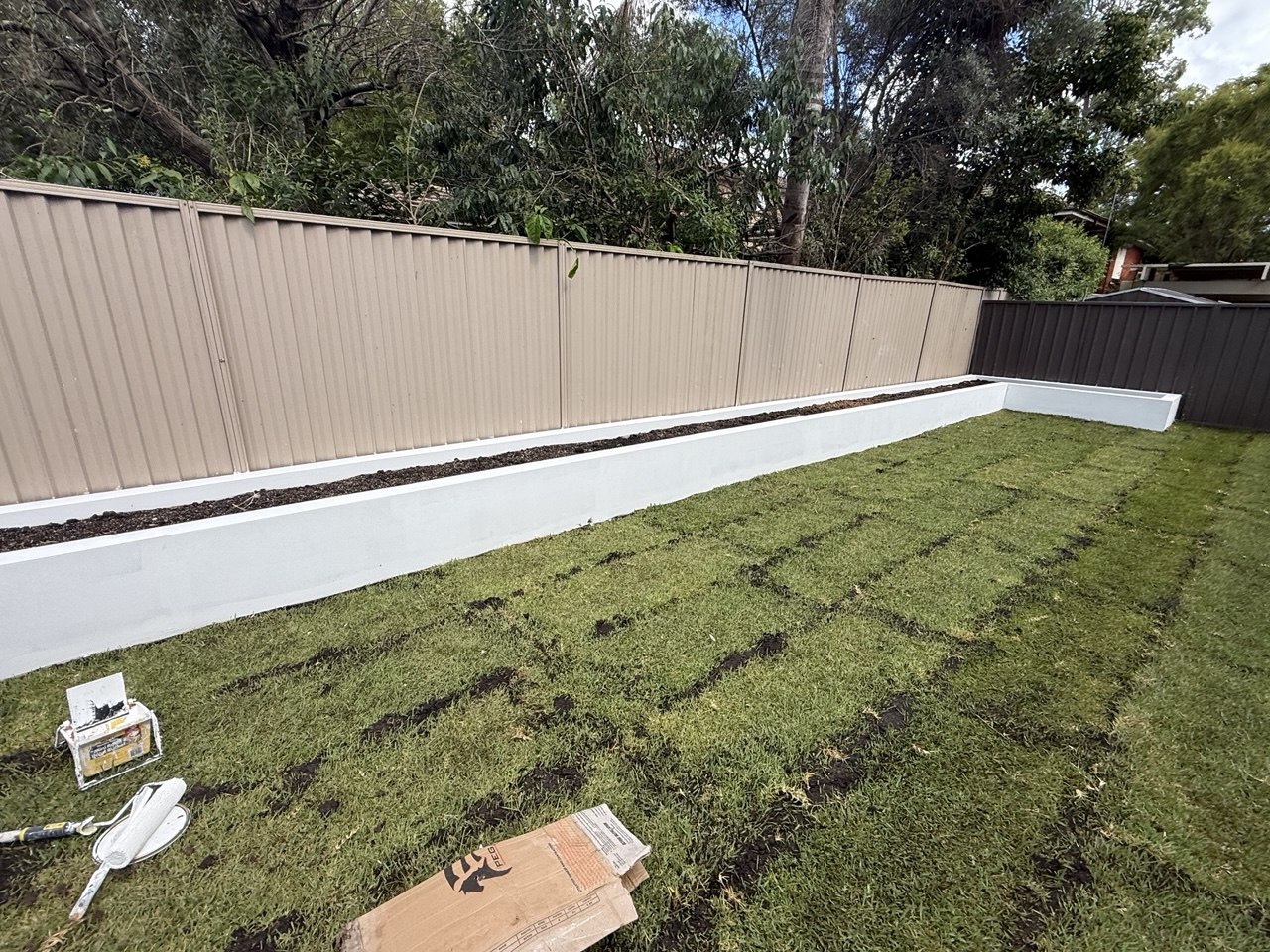 Finished white rendered garden boxes running the length of a Colorbond fence with new turf, Eastwood Sydney