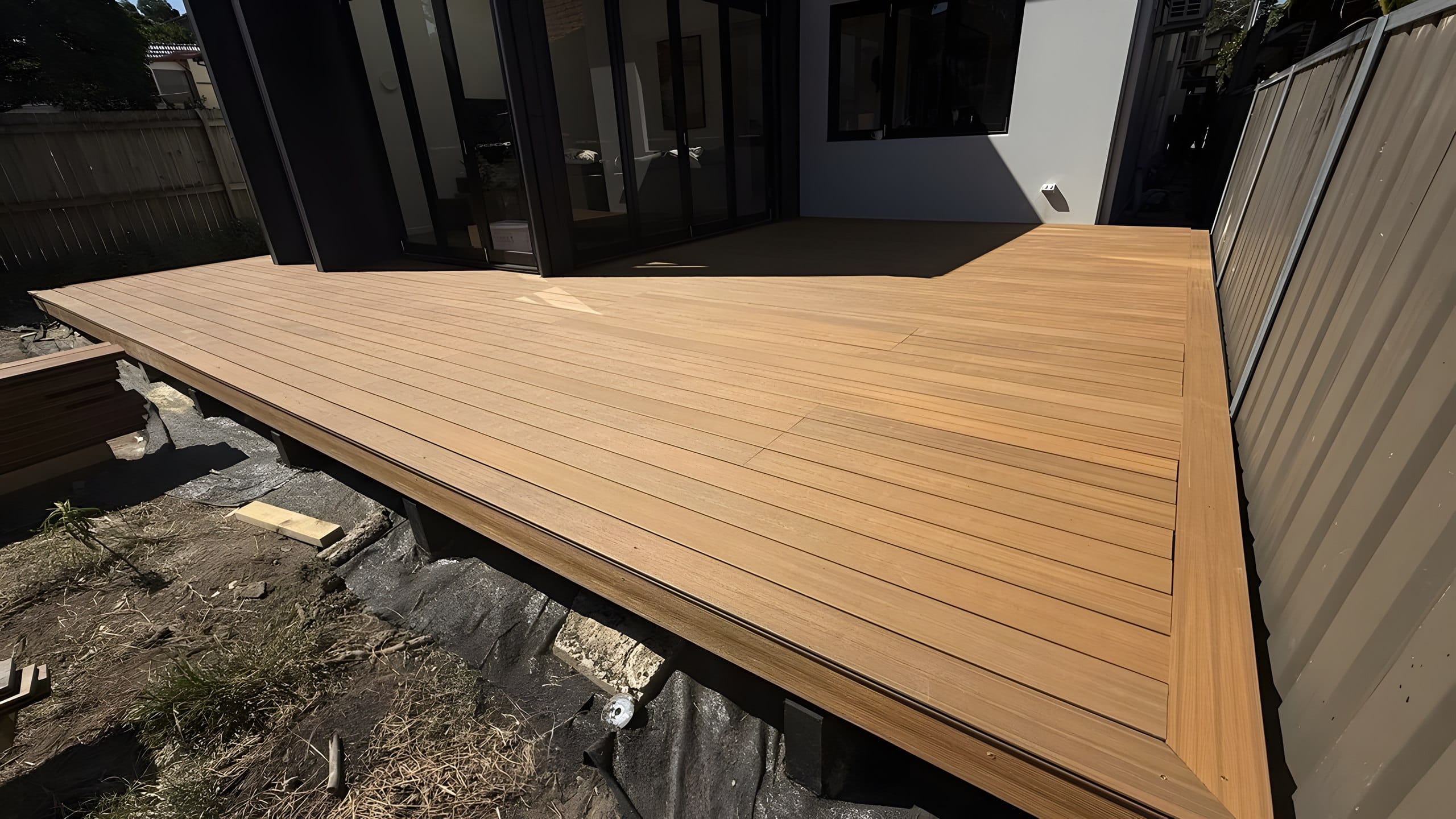 Completed composite decking Five Dock with picture frame border along Colorbond fence