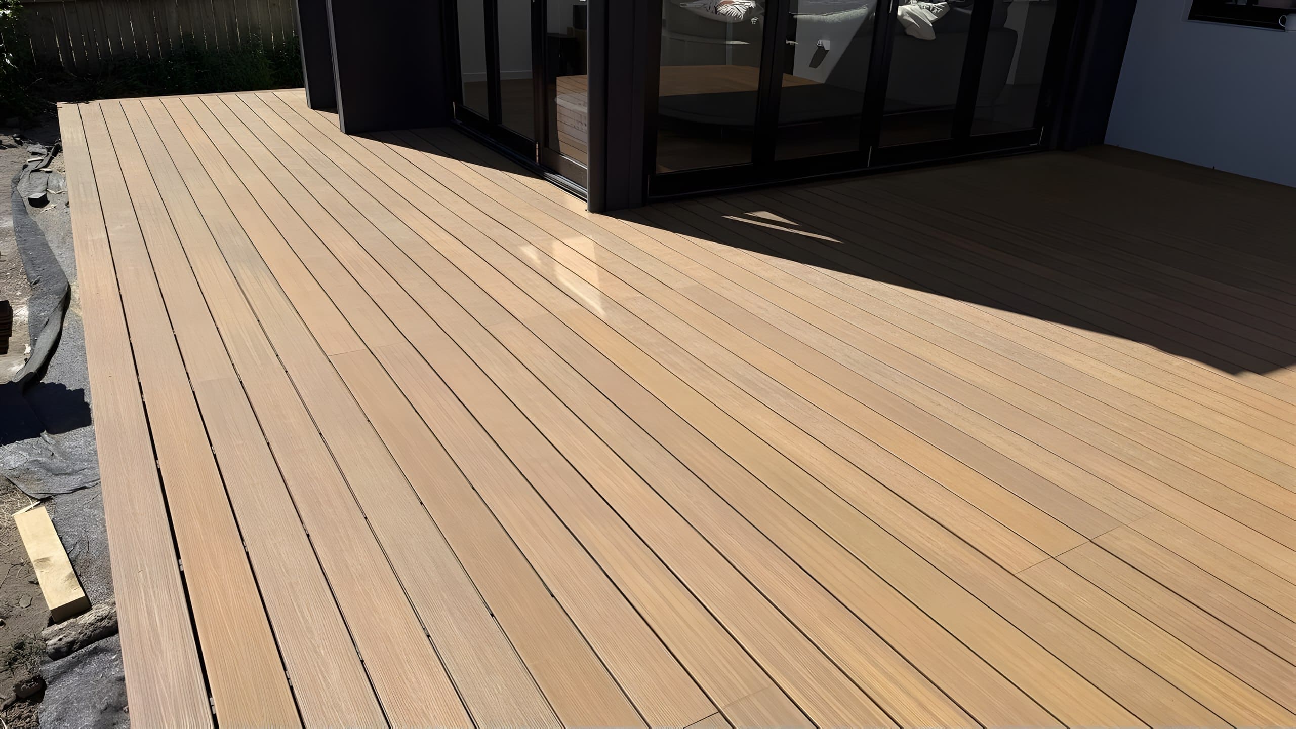 Timber-look composite deck boards outside modern Five Dock home