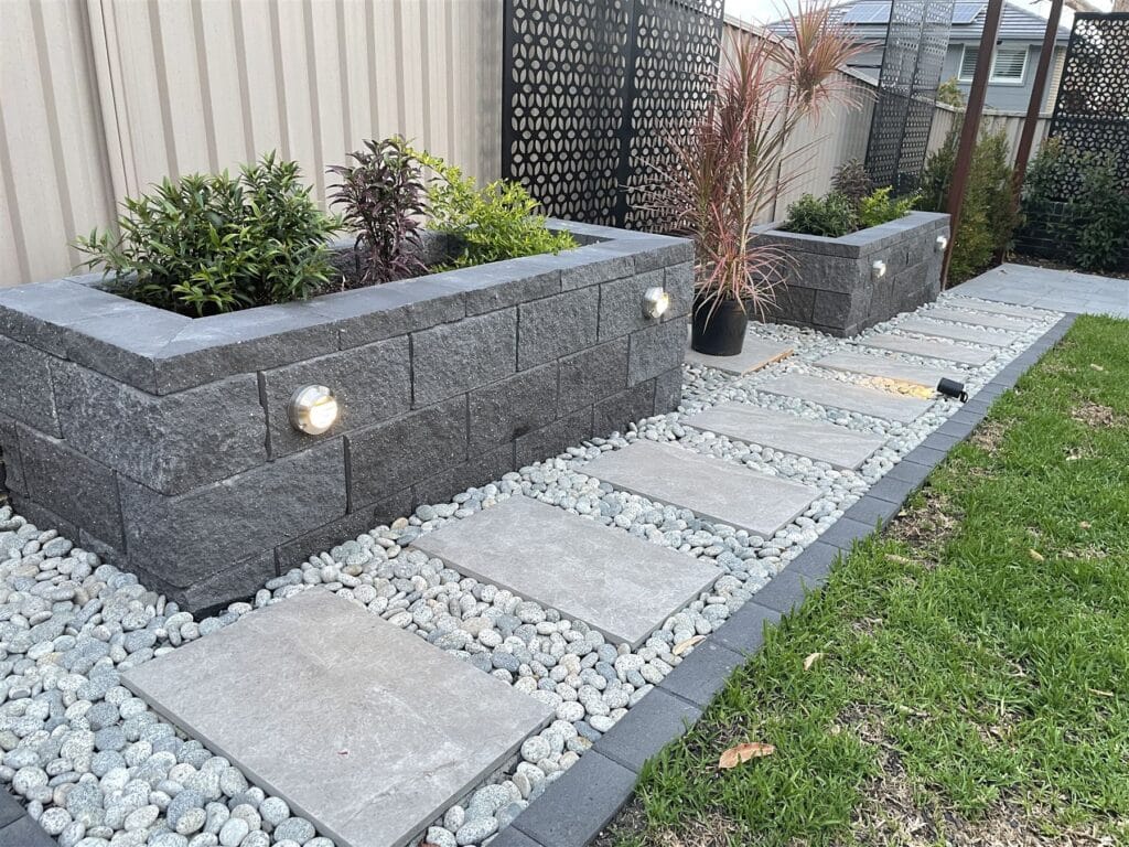 Block planter wall with garden lights, Rydalmere