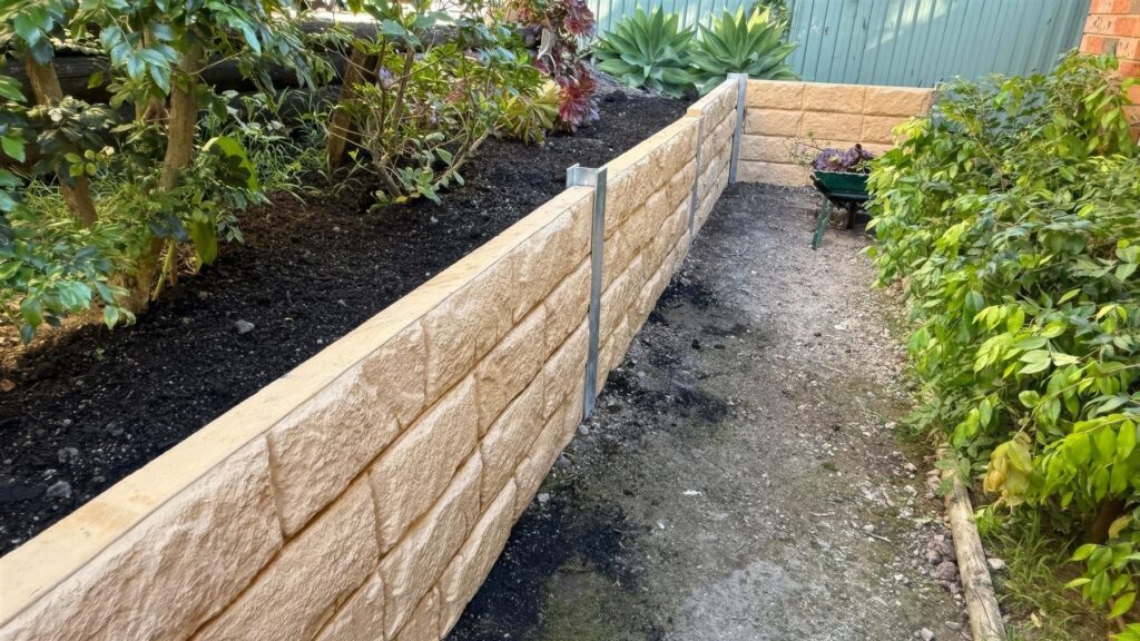 Block retaining wall beside a garden path, Chatswood