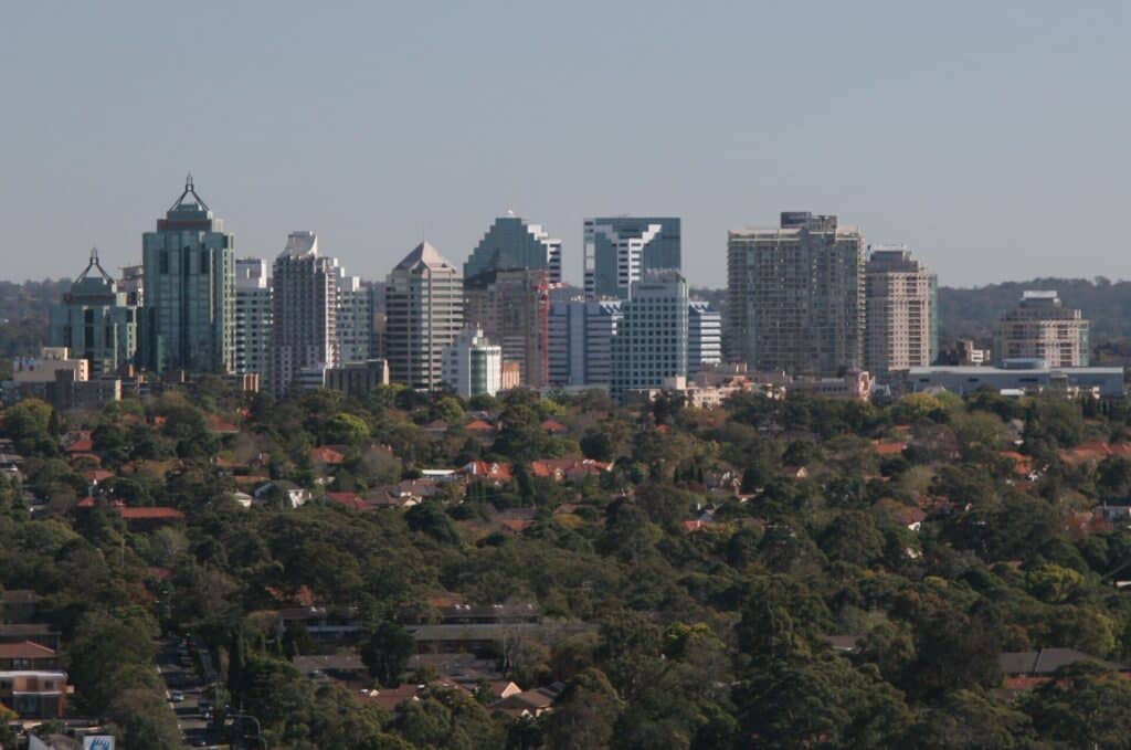 Chatswood skyline above leafy streets