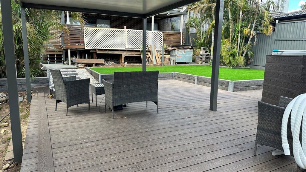 Deck under a pergola with artificial turf, Ermington