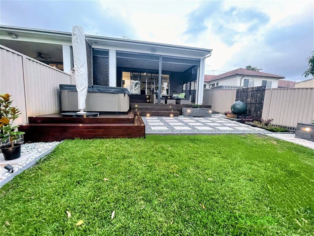 Deck, turf and water feature, Rydalmere
