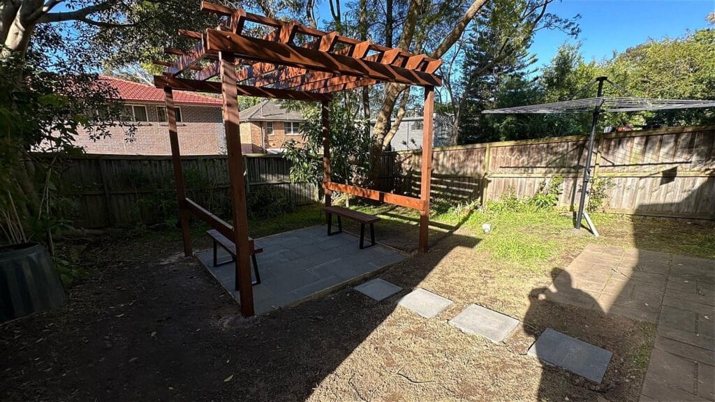 Timber pergola in the garden, Carlingford